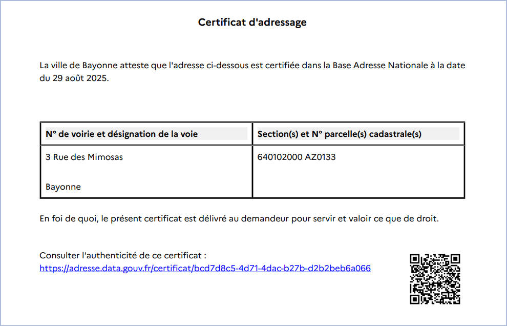 Exemple certificat d'adressage